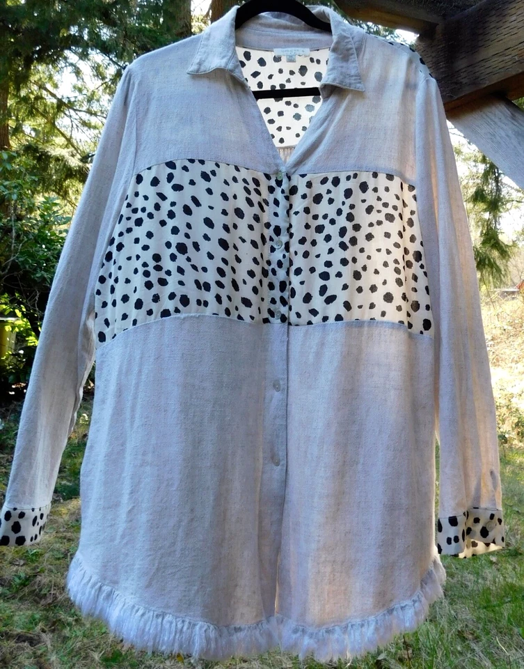 Blusa túnica artística con botones Umgee XL dobladillo crudo mezcla media lino marfil guepardo top