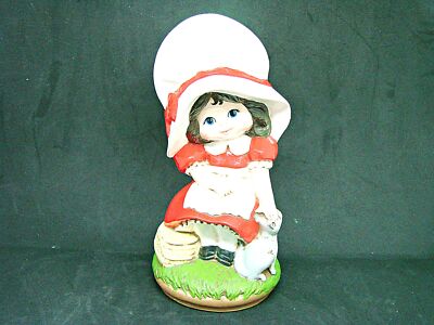 1974 Collectible Little Girl Figurine Byron Molds Bonnet White Red Dress and Cat