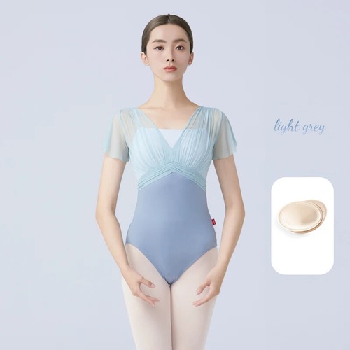 Women Ballet Leotards Dance Leotard Short Sleeve Pleats Ballet Fake Two Piece - 第 7/27 張圖片