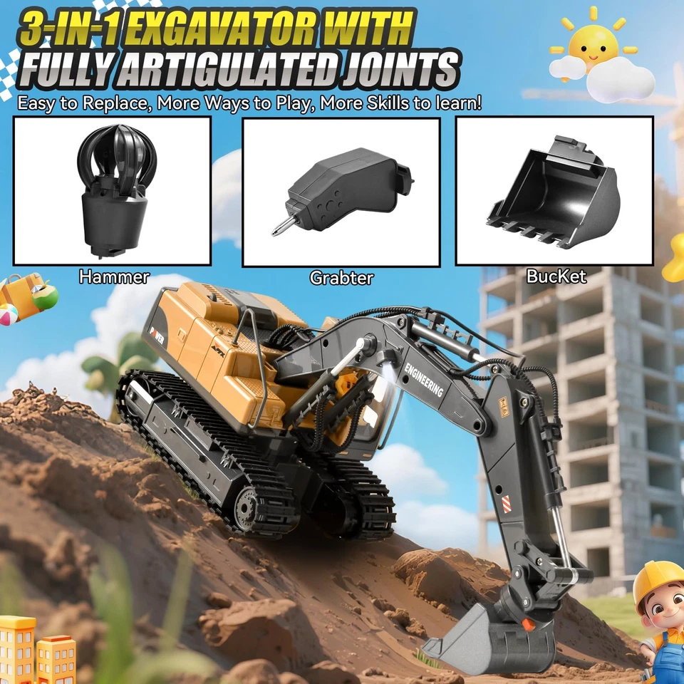 LTFIOON 3-in-1 Ferngesteuerter RC Bagger mit Metallener Schaufel Greifer Bohr... - Bild 3 von 4