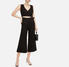 Enza Costa Wrap Jumpsuit 100% French Linen Black NEW Size 3 Medium Tie-back