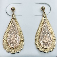 14k Yellow Gold Dangle Drop Diamond Cut Filigree Teardrop 2 Tone Pear Earrings