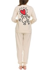 Keith Haring Women's Soft Fleece Lounge Set Long Sleeve Crew  Joggers Cream Lg