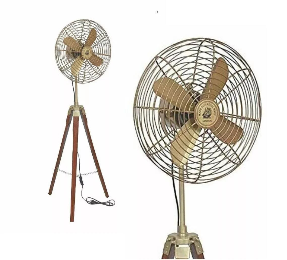 Decoración Hogar Mesa Ventilador Latón Antiguo Eléctrico con Madera Trípode Pie