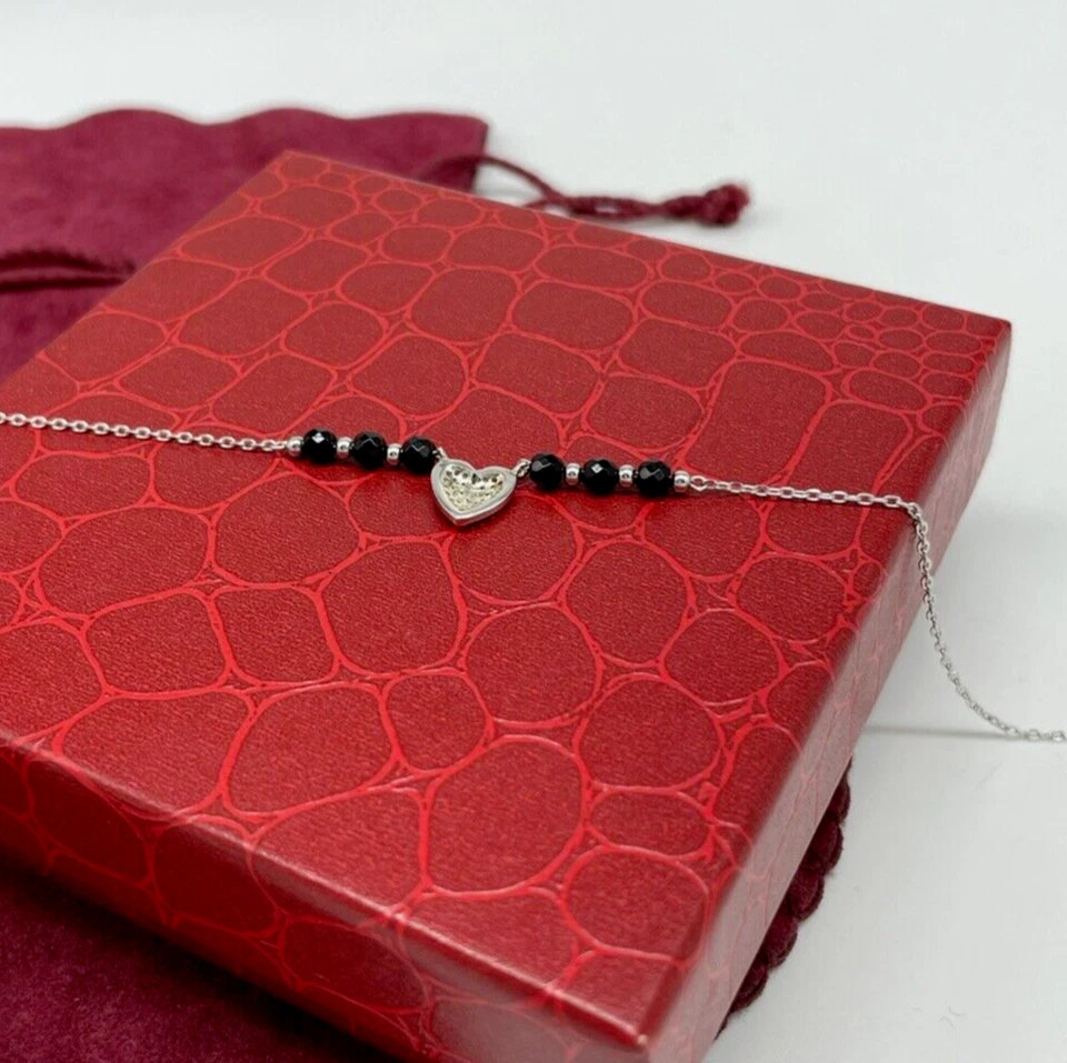 Collana femminile cuore puntiluce brillanti e perline nere briolè in argento 925 - Immagine 4 di 4