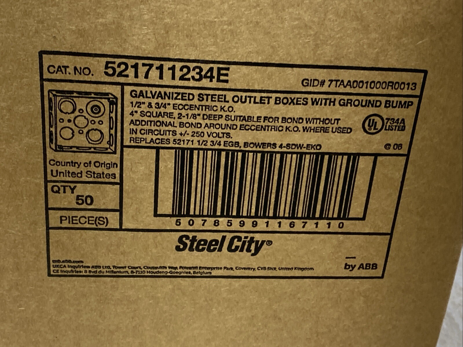 Steel City Metallic Metal Square Electrical Outlet Box 521711234E (Lot of 50 )