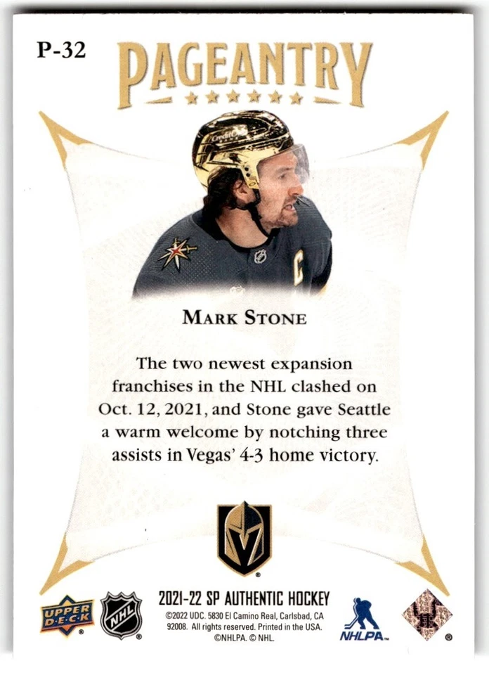 Mark Stone 2021-22 SP Authentic Pageantry #P-32 Vegas Golden Knights - Image 2 of 2