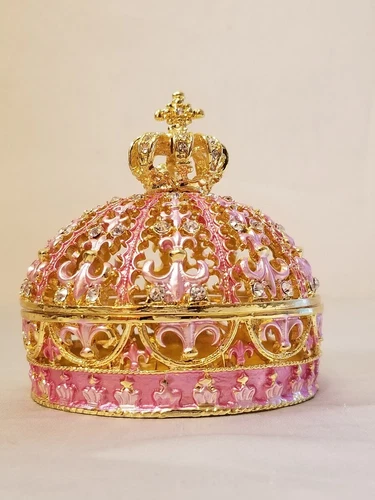 LARGE Bejeweled Pink Princess Crown Trinket Box Collectibles  01