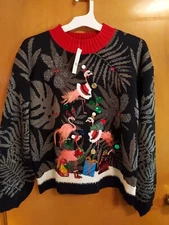 Women's Ugly Christmas Sweater Flamingo sequins feathers Santa holly palms S