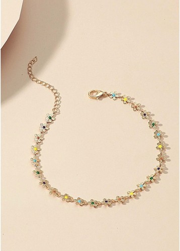 Impresionante tobillera color dorado con flores que tienen centros multicolores - Imagen 2 de 3