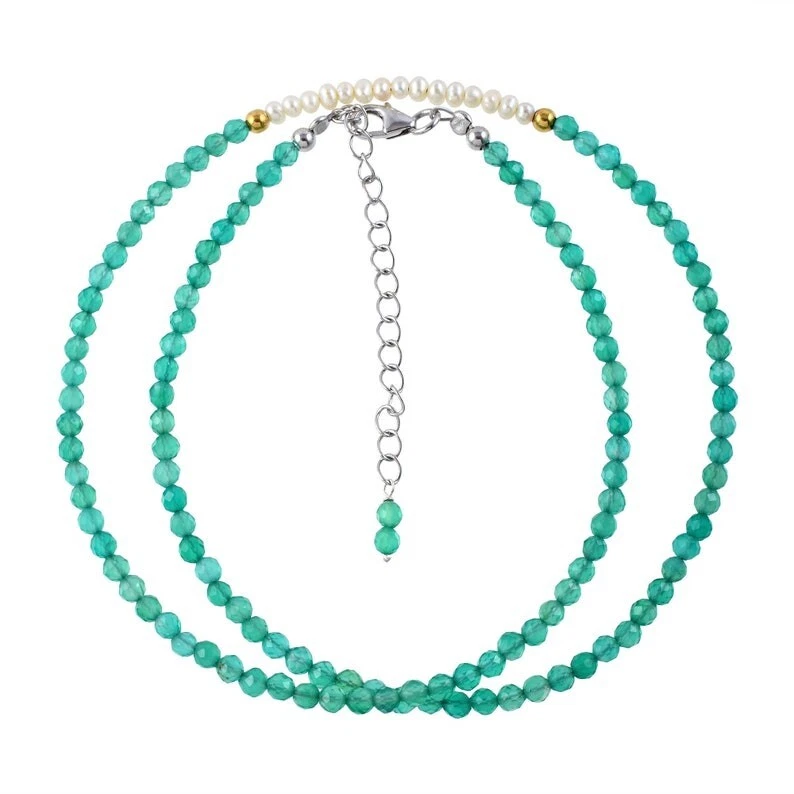 Collar de perlas naturales y ónix verde 2 piedras preciosas redondas multifacéticas con cuentas de 18" Foto 3 de 4