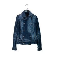 Diesel Blue Stone Wash Double Breasted Collared Denim Biker Jacket - Size S