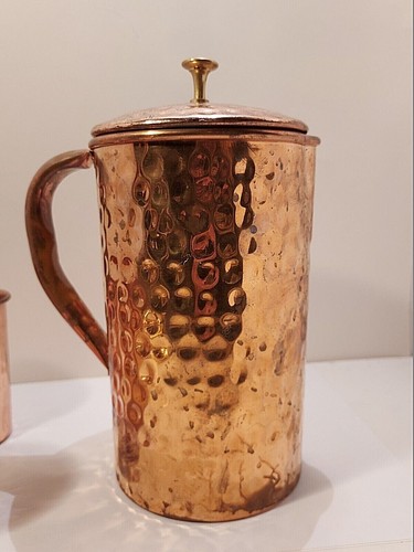 Hammered Copper Water Pitcher Matching Cups Used Patina Nice Display Decor Item - Picture 4 of 7