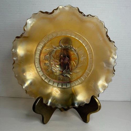 Vintage DUGAN MARIGOLD Carnival Glass WILDFLOWER Ruffled Bowl 8.5" Orange Retro