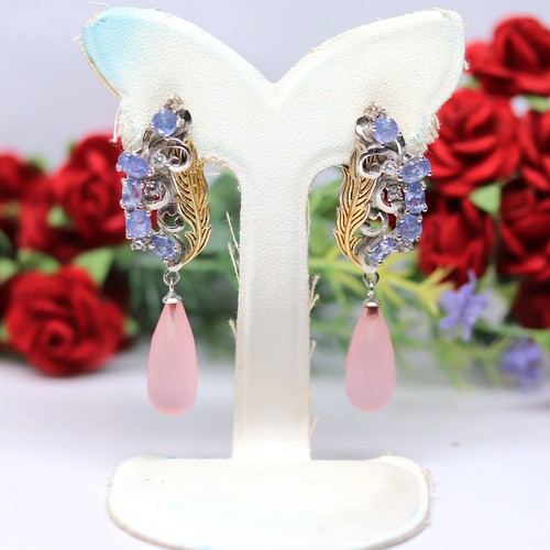 Boucles D'oreilles En Argent 925 Avec Camées Calcédoine Et Perles - Neuf Avec étiquettes