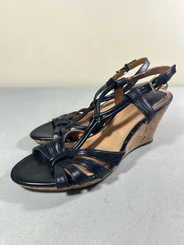 Sandali Clarks Bendables donna neri in pelle slingback zeppa sughero taglia 9