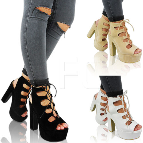 NEW LADIES HIGH HEEL BLOCK PLATFORM LACE UP PEEP TOE ANKLE BOOTS SHOES SIZE OPEN - Picture 1 of 11