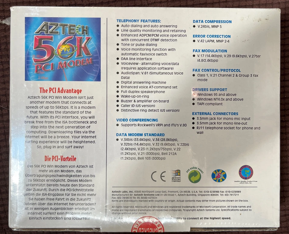 Vtg Retro Gaming Aztech 56k PCI Modem brand new, still sealed in package - Image 2 of 3