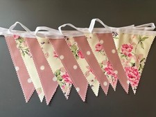 Handmade Outdoor Waterproof Bunting Rose Floral Dusky Pink Spots All Lengths