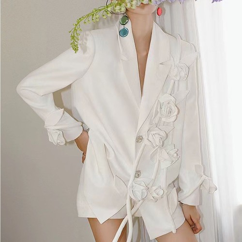 Traje Suelto Flor Blanco Para Mujer Diseño Estrás Formal Blazer Abrigos Chaquetas - Imagen 11 de 23
