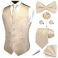 Mens Paisley Champagne Suit Vest Tie and Bow Tie Set Silk Waistcoat Necktie a...