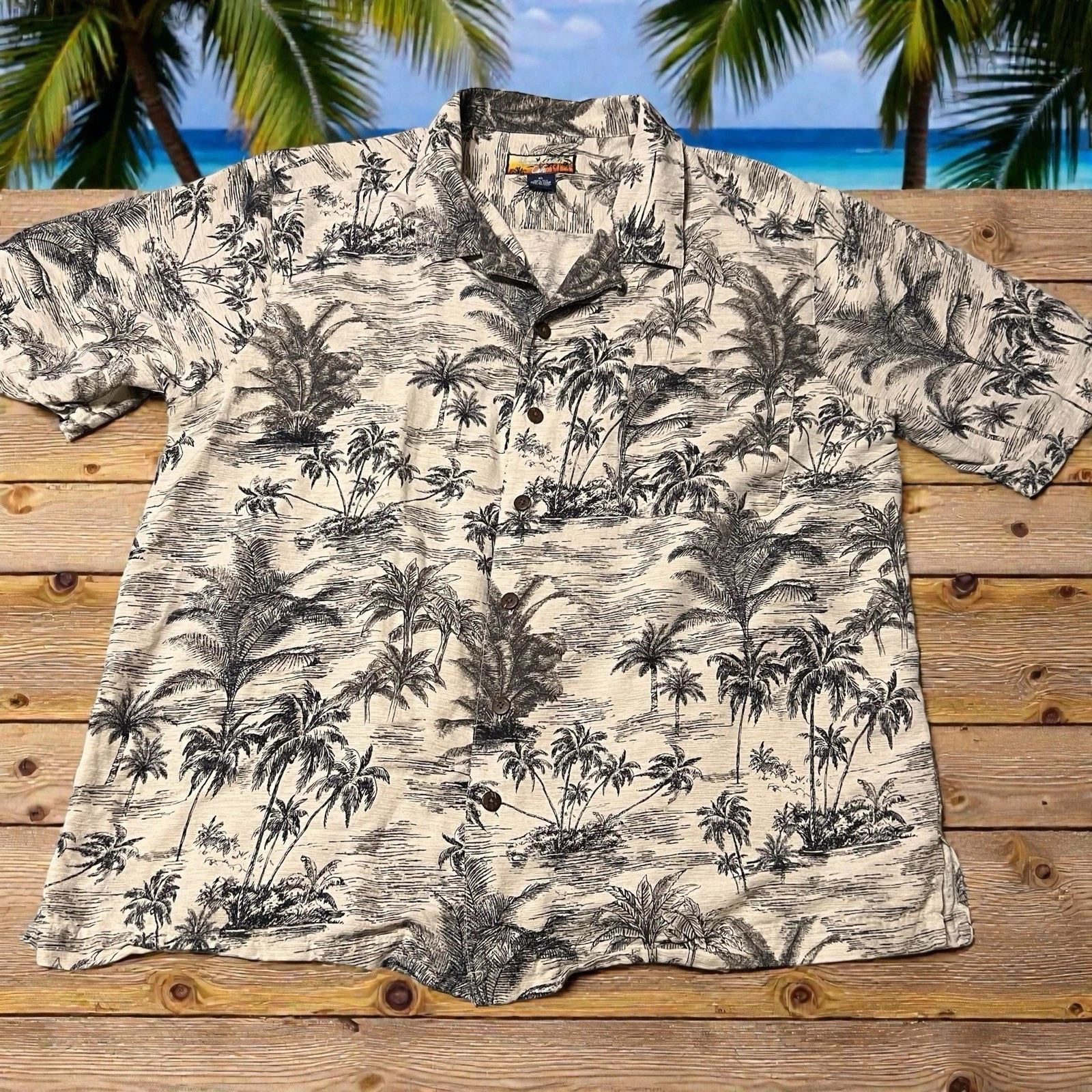 Honolulu Cafe Men's XL Shirt 100% Silk Palm Trees Tropical Hawaiian