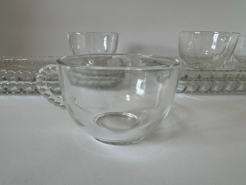 Set of 4 Circle Snack Plate Lunch Tray CUPS Glass MCM Vintage 50s Beaded Mod EUC - Image 4 of 4