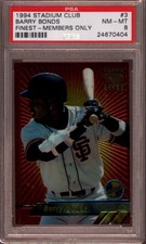 1994 STADIUM CLUB # 3 BARRY BONDS ☆FINEST M/O☆ SAN FRANCISCO GIANTS PSA 8 NM-MT