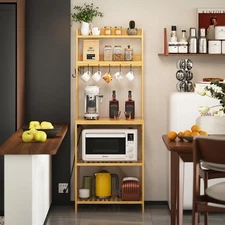 Bamboo Bakers Rack with Charging Station 5-Tier Microwave Stand with Open Sto...