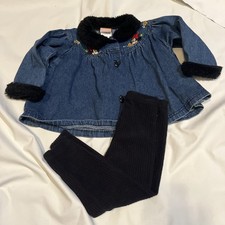 Disney Vintage Minnie Mouse Toddler 2T Denim Jacket Embroided Faux Fur W/ Pants