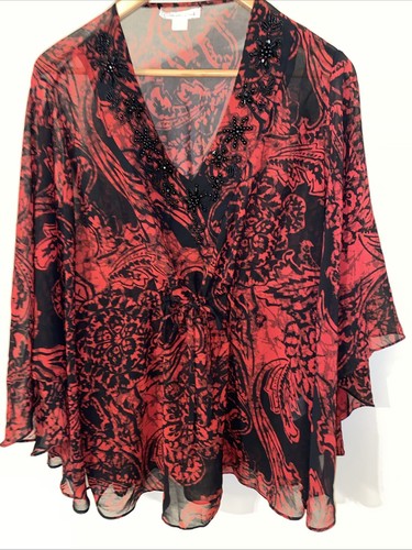Coldwater Creek Top Blouse Womens L Beaded Red Black Tunic Boho Flowy