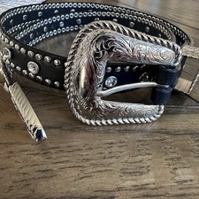 Nocona Leather Belt M Silver tone Bold Western Bling Crystal Studs 1" wide