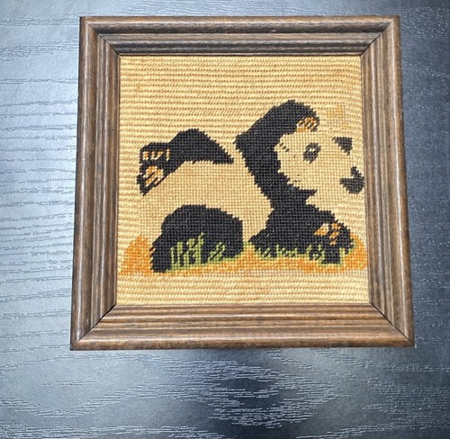 Vintage Panda Needlepoint In wood frame. 6x6 In. - Picture 2 of 3