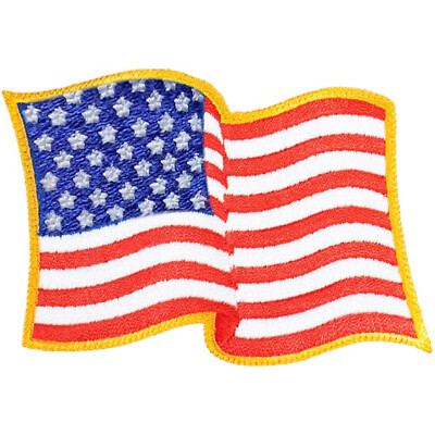 USA American Flag Embroidered Patch Waving Wavy Gold Border Iron-On 3.5'' X 2.5''