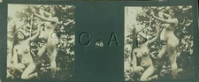 Org Antique Real Photo- Double Stereoscope- 2 Nude Women- Bow & Arrow- Outdoors