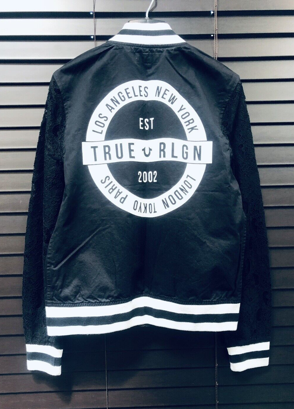 TRUE RELIGION Discontinued Lace Sleeve Black Bomber Jacket World Tour Varsity *S image 10