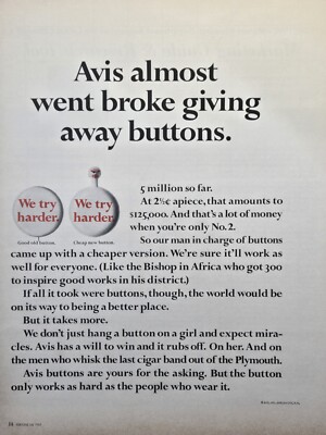 Avis Car Rental Rent-A-Car Buttons Will to Win Vintage Print Ad 1965