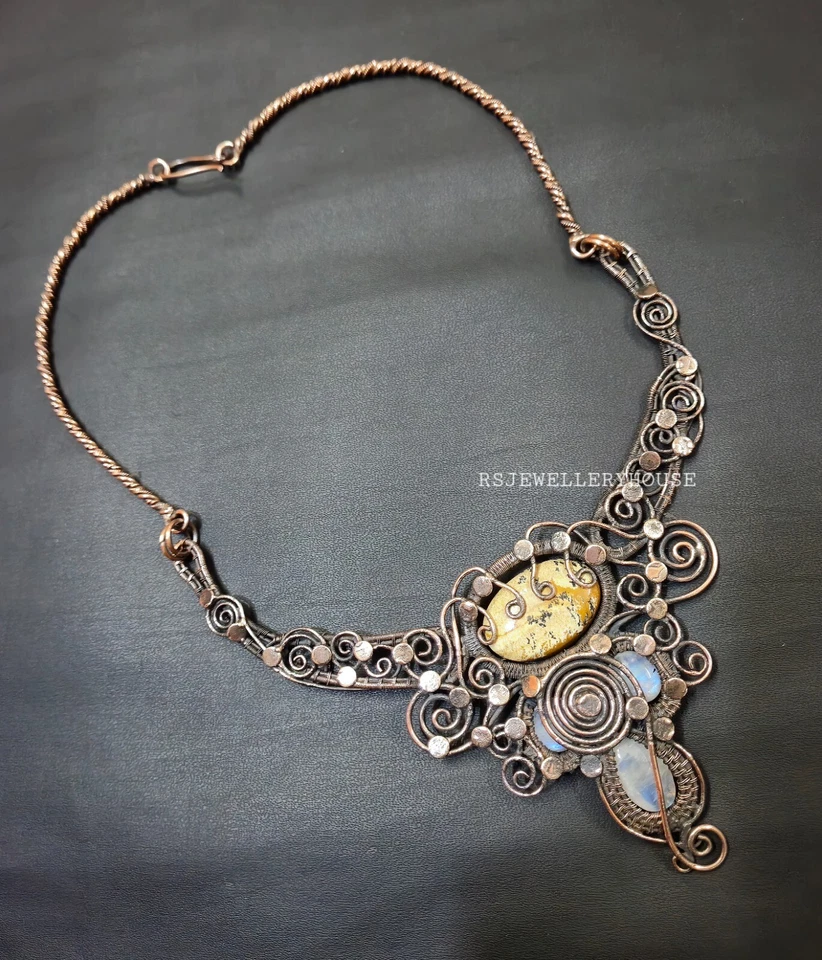 Cuadro Jaspe Gema Collar Envuelto Alambre Cobre Collar Ajustable Collar Foto 2 de 4