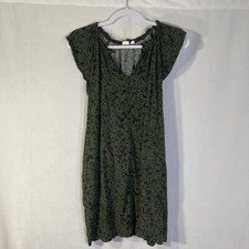 GAP green black floral v-cut short flutter sleeve rayon dress S