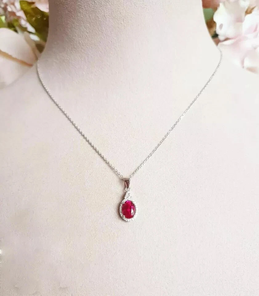 Women's Gift Pendant 14K White Gold Plated 1.60Ct Oval Cut Lab Created Red Ruby - Image 2 of 4