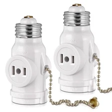 Light Socket Adapter 2-Pack E26 to 2 Outlet w/ Pull Chain UL Listed White