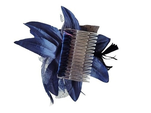 NEW Navy blue flower feather fabric fascinator comb wedding formal prom races - Picture 2 of 2