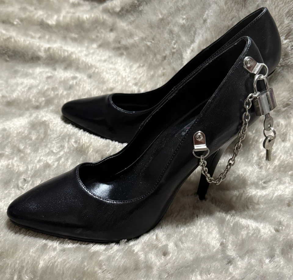 Pleaser Seduce432 Tacones de Cuero Negro Cadena Cerradura con Llave Bailarina Mujer Talla 9 NUEVO Foto 2 de 4