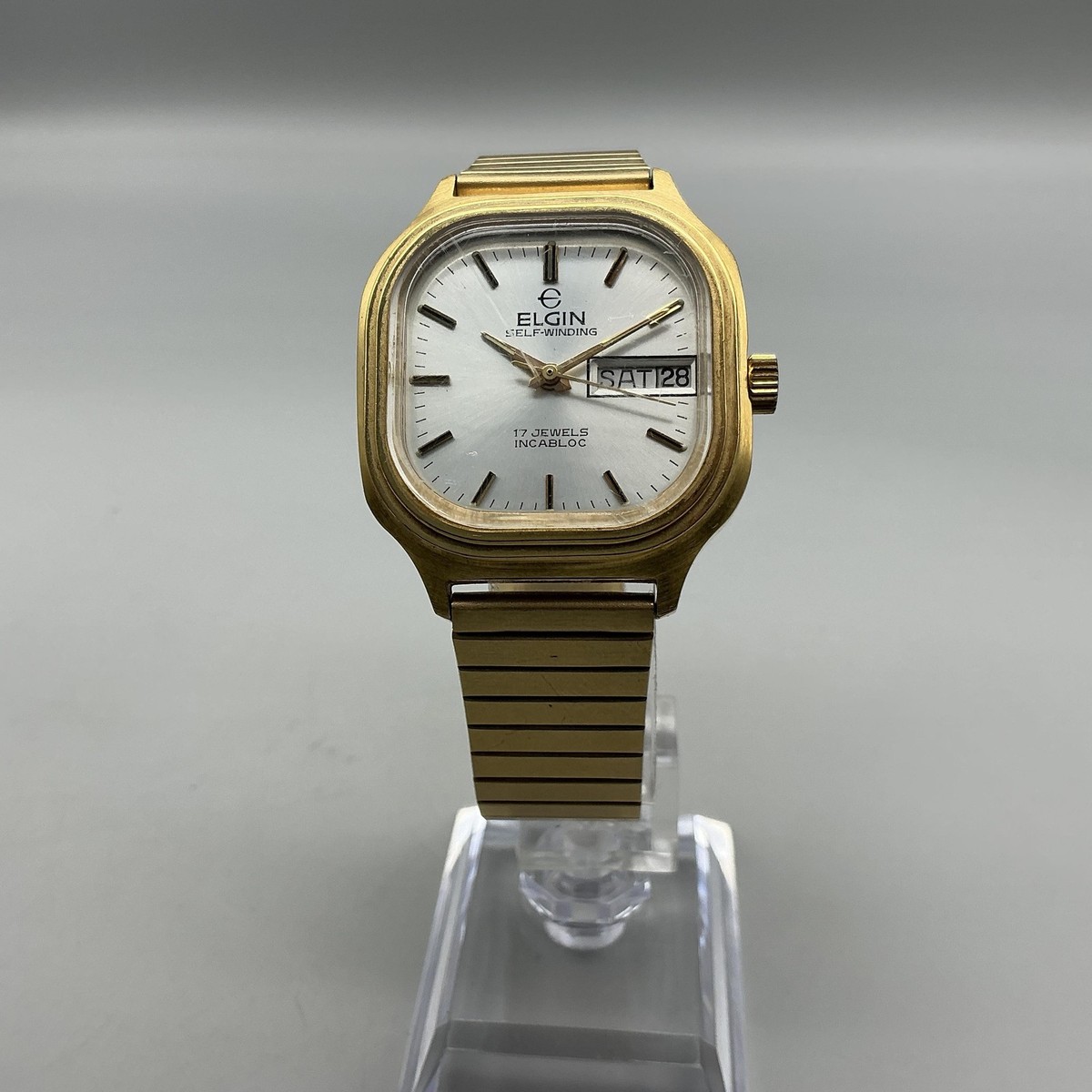 Vintage Elgin Mens Watch 33mm Silver Gold Tone Day Date Automatic