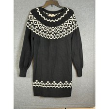 LOFT Sweater Dress XS Black White Fair Isle Geometric Knit Mini Cozy Winterwear