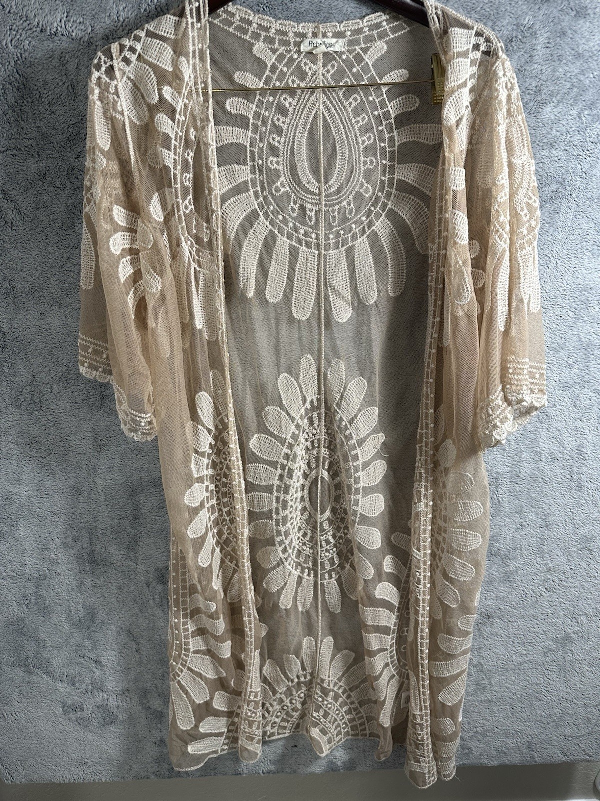 Cardigan Women's Small Ivory Lace Rebellion Again Long Kimono Sheer Boho Fairy-image