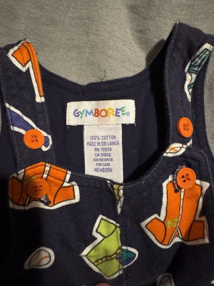 Romper recém-nascido vintage arco-íris etiqueta gymboree azul marinho e laranja com estampa de beisebol masculino - Imagem 2 de 4