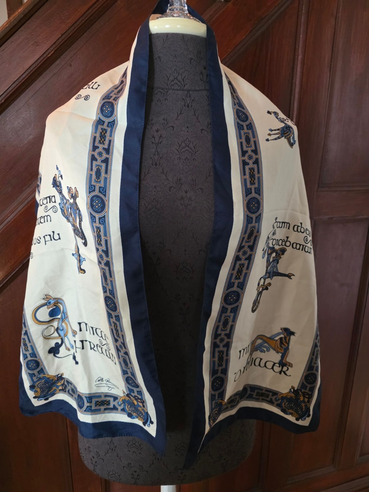 Celtic Themed Long Rectangular Scarf Blue Cream B… - image 2