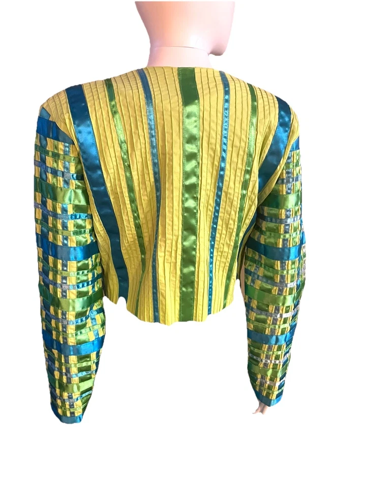 Tachi Castillo Blazer размер M (США 10) неоновый зеленый и синий атласная лента винтажный $700 - Изображение 3 из 4