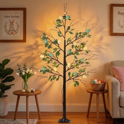 5FT Lighted Easter Tree with Timer, 64 LED Colorful Eggs, Flexible Branches, Spr